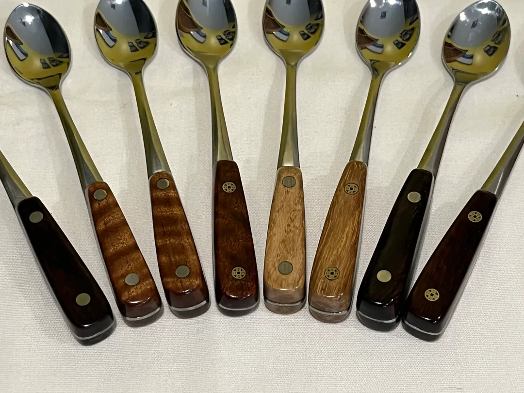 (left to right) Dark Snakewood, Pummeled Spelle (2), Light Snakewood, Texas Pecan (2), Desert Ironwood (2)