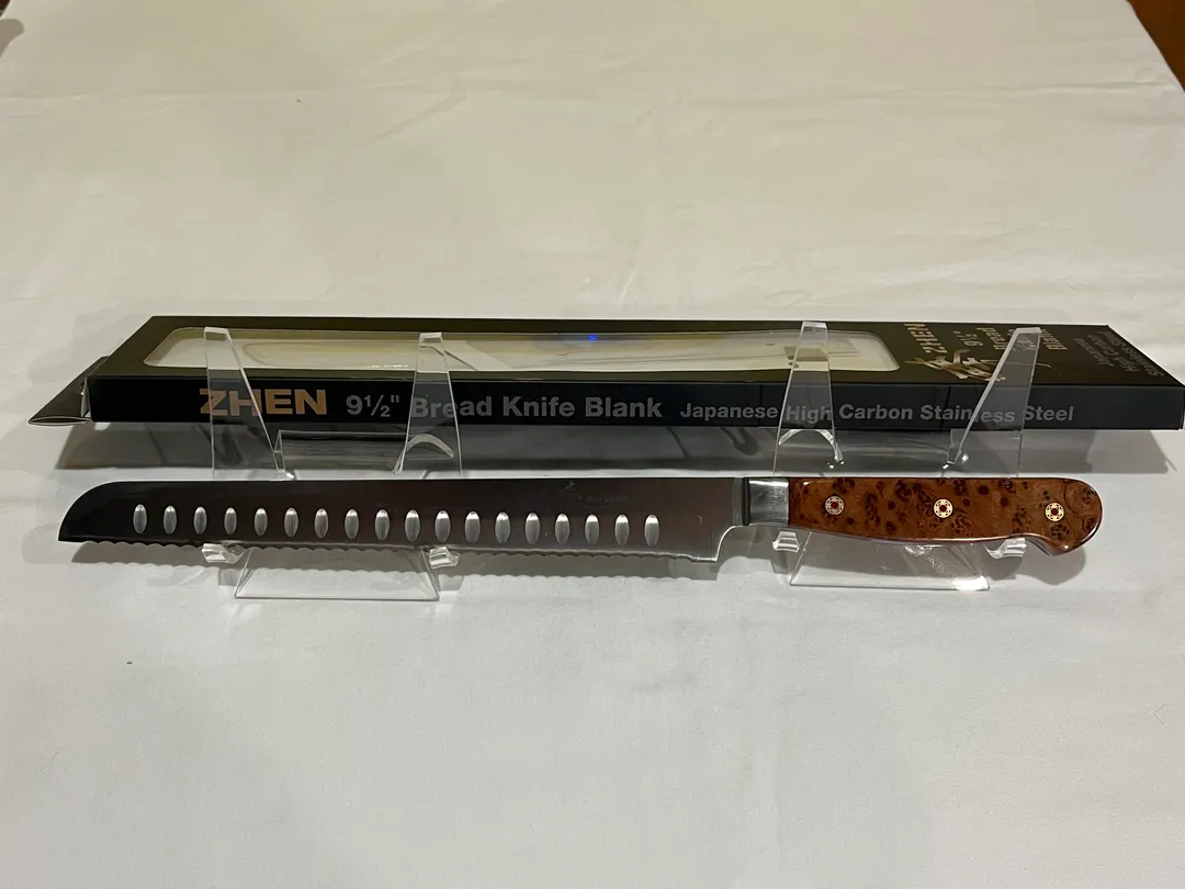 Zhen Bread Knife with Redwood Burl Handle and Red Mosaic Pins ***SOLD***