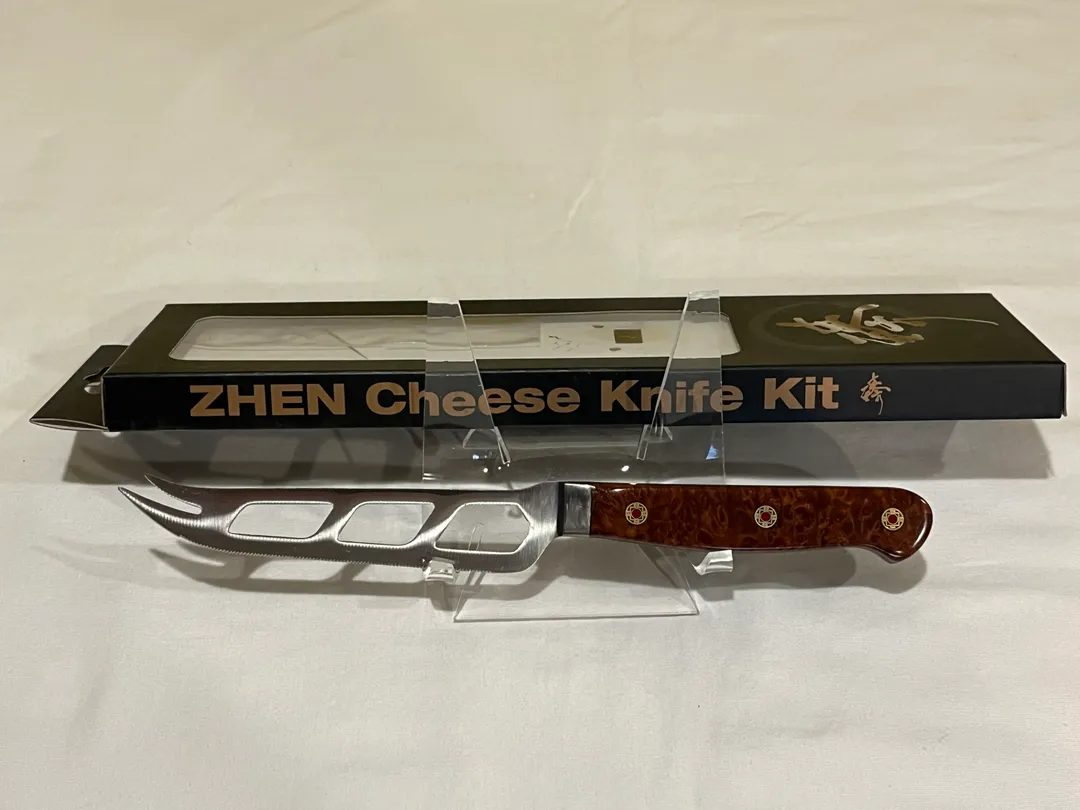 Zhen Cheese Knife with Redwood Burl Handle and Red Mosaic Pins ***SOLD***