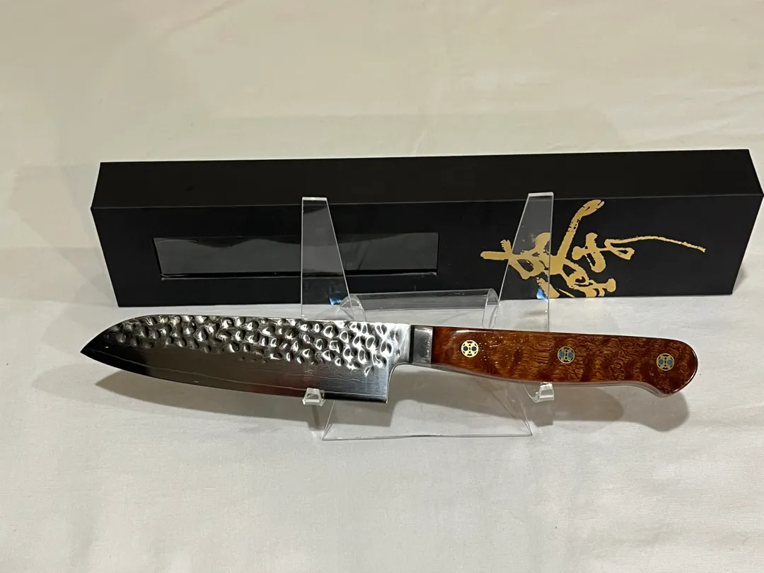 Zhen Santoku Chef Knife with Pummeled Sapelli Handle and Blue Mosaic Pins