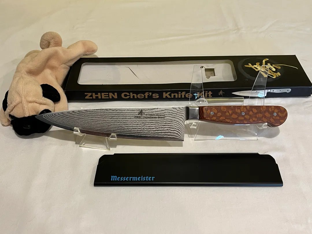 Zhen Chef's Knife...Leopardwood handle with nickel silver pins...Messermeister guard...this one is in the store