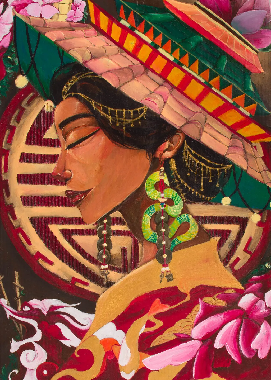 Imperial features a tanned filipina woman surrounded by various elements of different Asian cultures, and a few symbols related to my upbringing. 