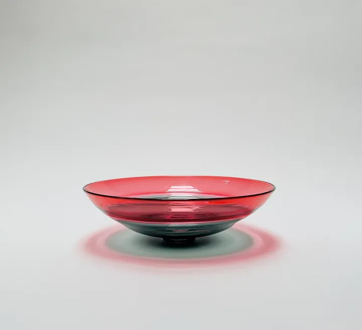 Hand Blown Incalmo Glass Bowl, Ruby and Grey, 13&quot; diameter