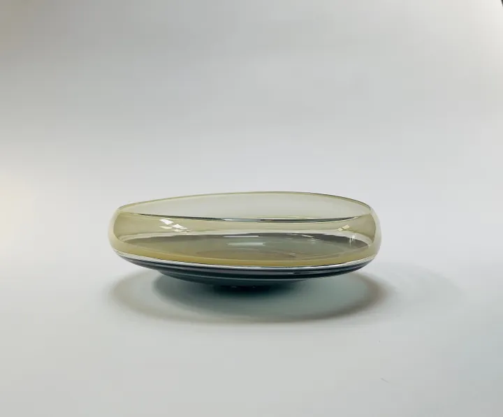 Hand Blown Incalmo Glass Bowl, Iris Yellow and Grey, 12 1/2&quot; diameter