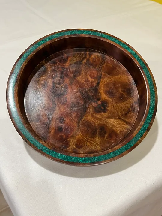 Camphor Burl Bowl / Dish w/ Malachite Inlay