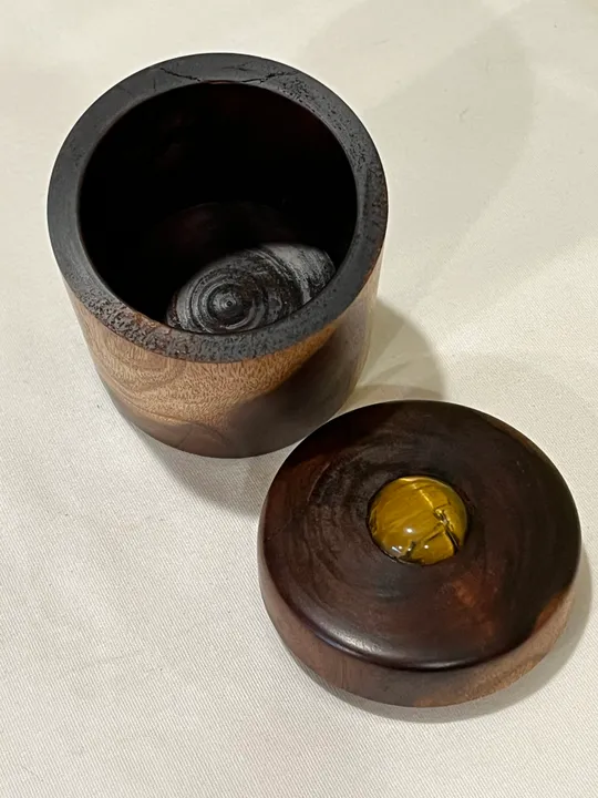 Sugi Lidded Container w/ Tiger Eye Cabochon