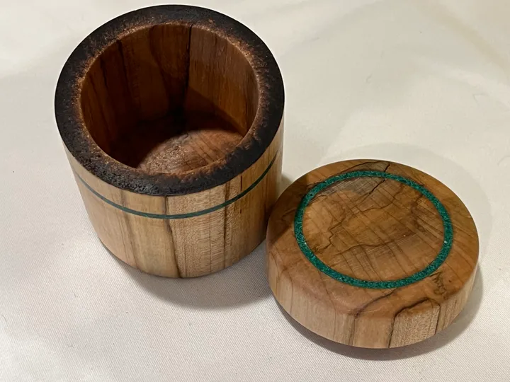 Spalted Pecan Lidded Container w/ Malachite Inlay