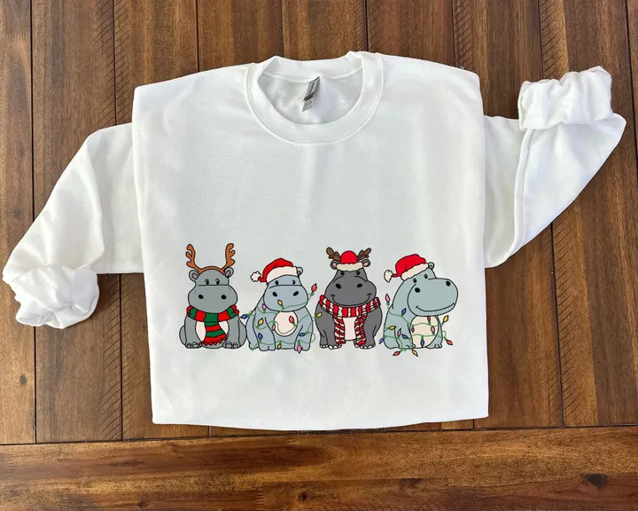 Christmas Hippos White Sweatshirt