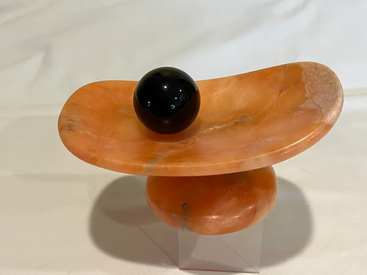 Orange Alabaster Free Form Dish with Onyx Ball