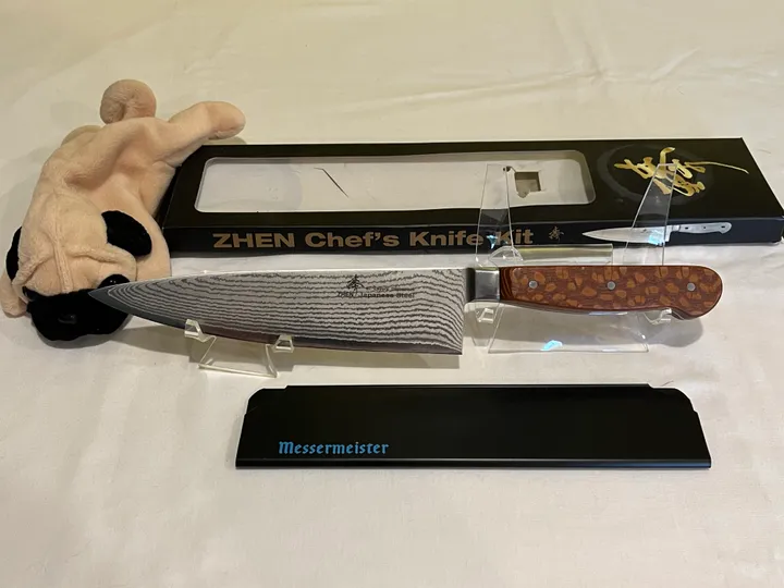 Zhen Chef Knife w/ Lacewood Handle w/ Nickel Silver Pins & Messermeister Blade Guard