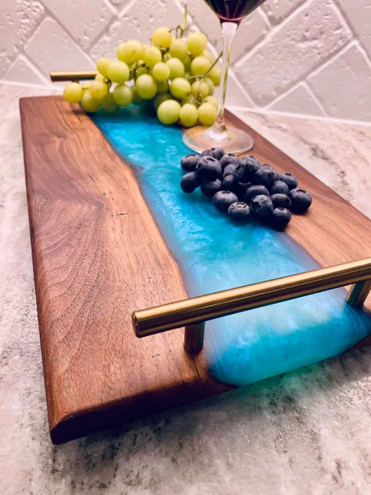 His & Hers Walnut Whiskey and Cigar Tray and Walnut Epoxy River Charcuterie Board/Serving Tray