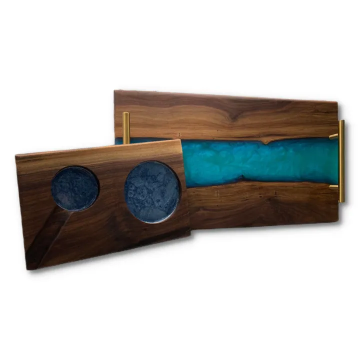His & Hers Walnut Whiskey and Cigar Tray and Walnut Epoxy River Charcuterie Board/Serving Tray
